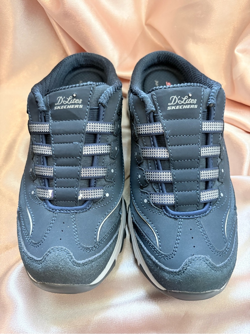Skechers D'Lites Resilient Navy Blue Slip On Mule Sneakers Wide Fit Size 8